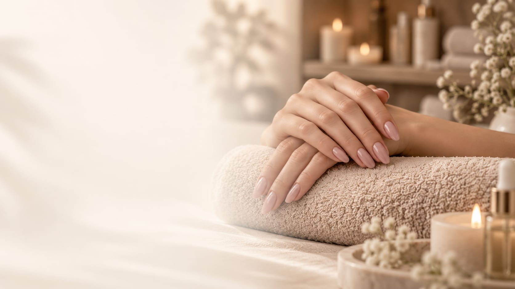 Mani con smalto nude appoggiate su un asciugamano, tra candele e fiori